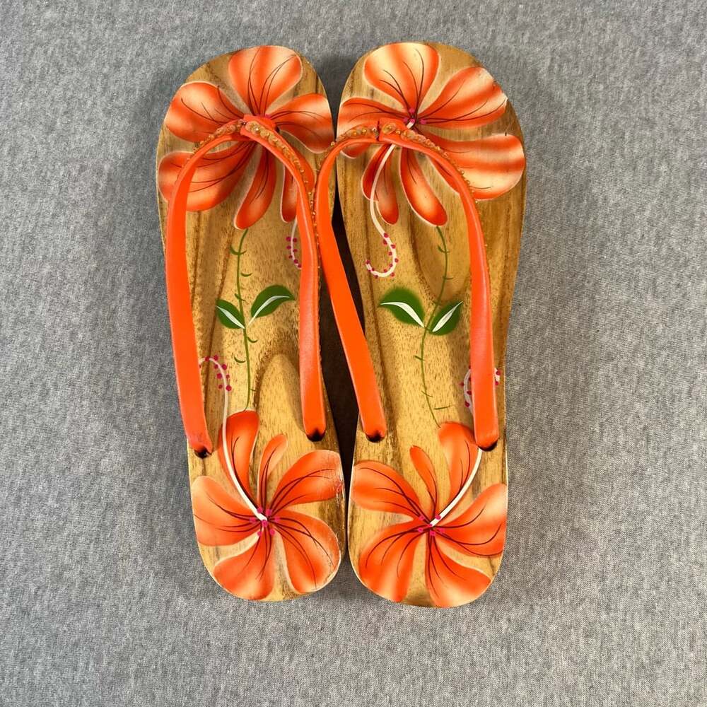 Hand Painted Floral Wood Flip Flops Orange Beaded Size XL
